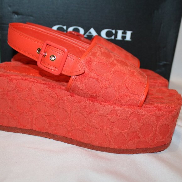 NEQ WOMEN'S Coach Noelle Signature Logo Print Platform Sandals RED ORANGE - Picture 5 of 8